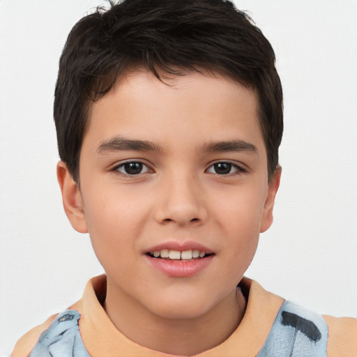 Joyful white child male with short  brown hair and brown eyes