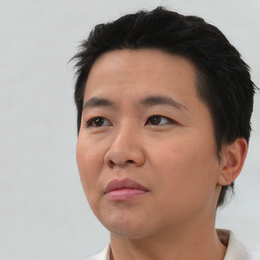 Neutral asian young-adult male with short  black hair and brown eyes