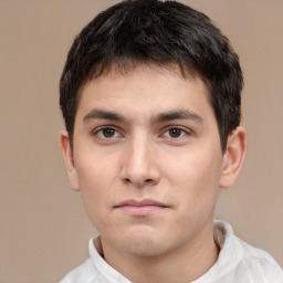 Neutral white young-adult male with short  black hair and brown eyes