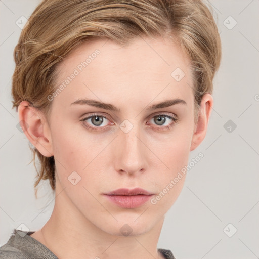 Neutral white young-adult female with short  brown hair and blue eyes