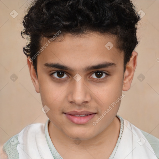 Joyful white child male with short  brown hair and brown eyes