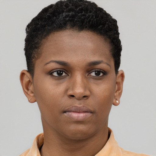 Neutral black young-adult female with short  brown hair and brown eyes