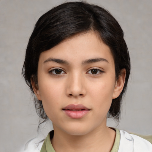 Neutral white young-adult female with medium  black hair and brown eyes