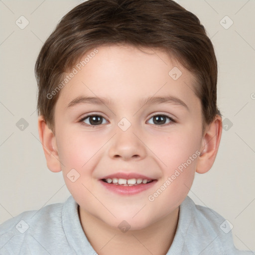 Joyful white child female with short  brown hair and brown eyes