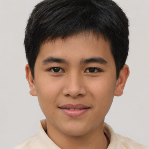 Joyful asian child male with short  brown hair and brown eyes