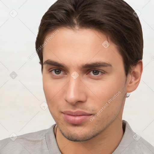 Neutral white young-adult male with short  brown hair and brown eyes