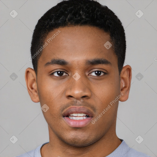 Neutral black young-adult male with short  black hair and brown eyes