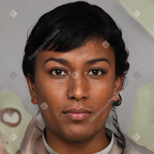 Neutral asian young-adult female with short  black hair and brown eyes