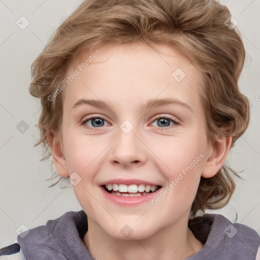 Joyful white child female with medium  brown hair and blue eyes