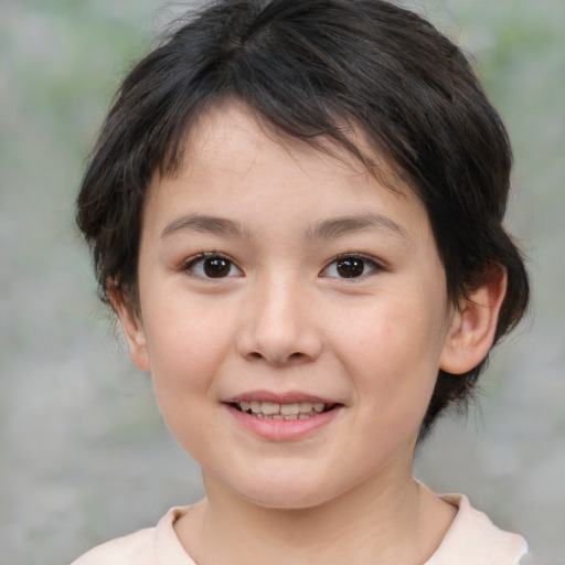Joyful white child female with medium  brown hair and brown eyes