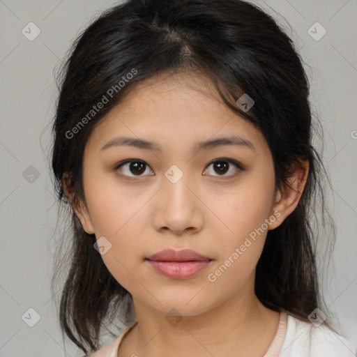 Neutral asian young-adult female with medium  brown hair and brown eyes