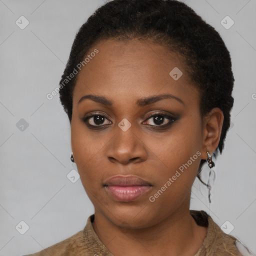 Neutral black young-adult female with short  brown hair and brown eyes