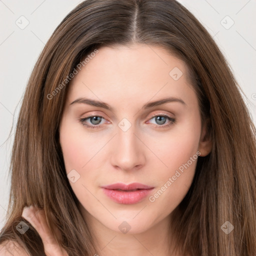 Neutral white young-adult female with long  brown hair and grey eyes