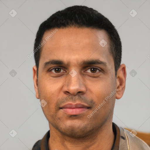 Neutral latino young-adult male with short  black hair and brown eyes