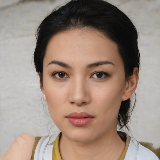 Neutral white young-adult female with medium  black hair and brown eyes