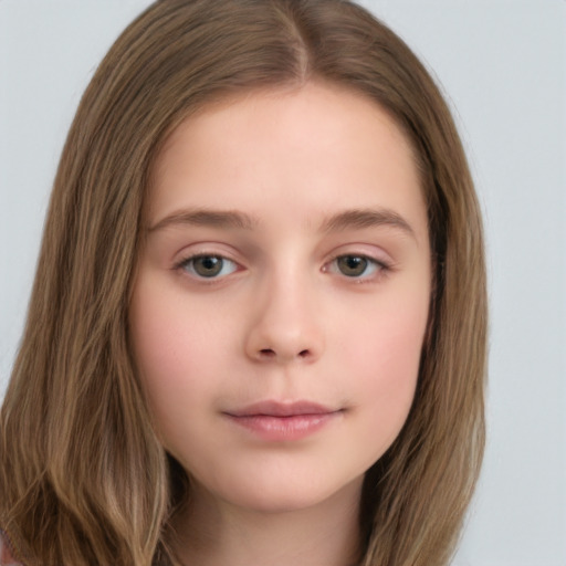 Neutral white child female with long  brown hair and brown eyes