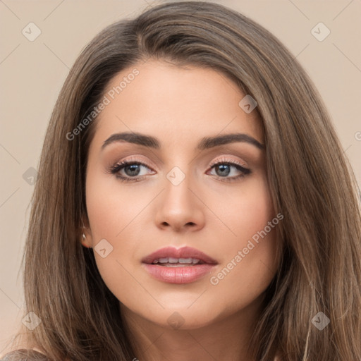 Neutral white young-adult female with long  brown hair and brown eyes