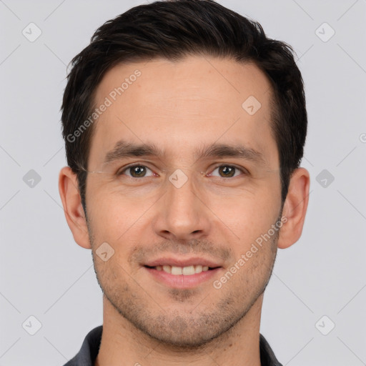 Joyful white young-adult male with short  brown hair and brown eyes