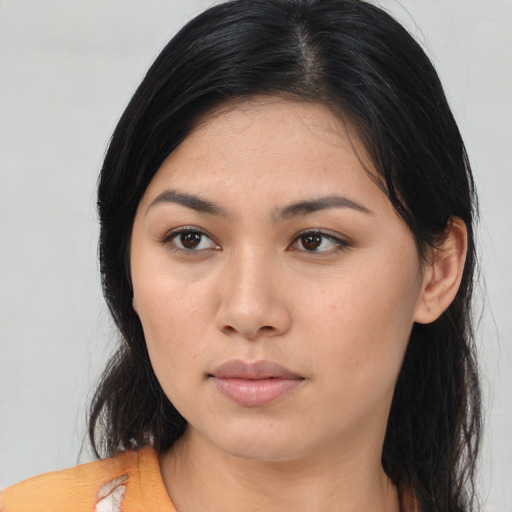 Neutral asian young-adult female with long  black hair and brown eyes