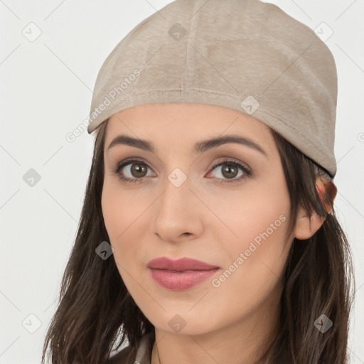 Joyful white young-adult female with long  black hair and brown eyes