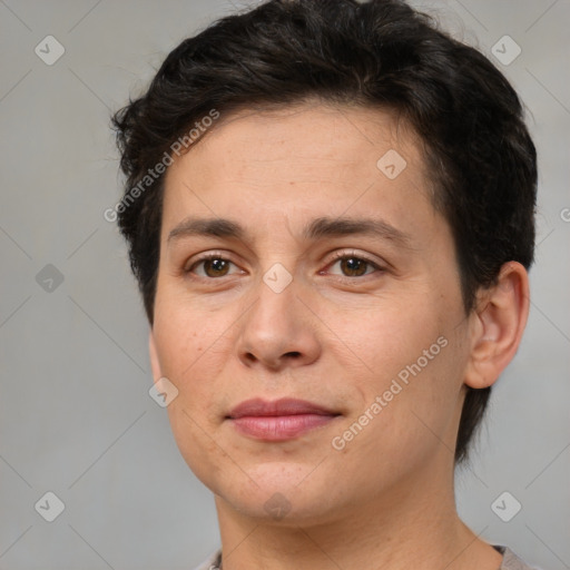 Joyful white adult female with short  brown hair and brown eyes