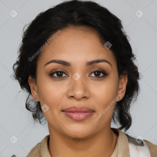 Joyful latino young-adult female with medium  brown hair and brown eyes