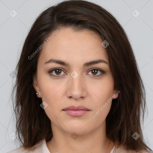 Neutral white young-adult female with medium  brown hair and brown eyes