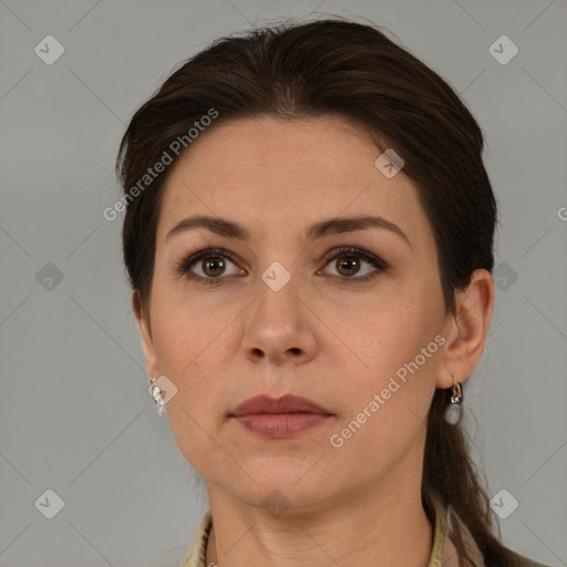 Neutral white young-adult female with medium  brown hair and brown eyes