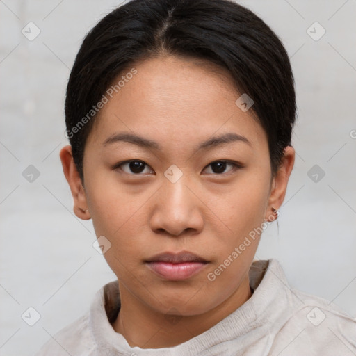 Neutral asian young-adult female with short  brown hair and brown eyes