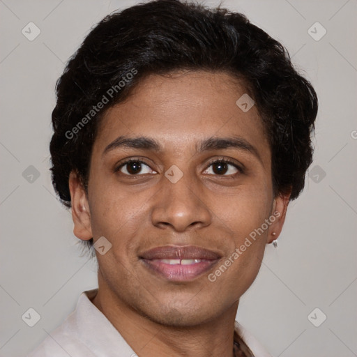 Joyful latino young-adult female with short  brown hair and brown eyes