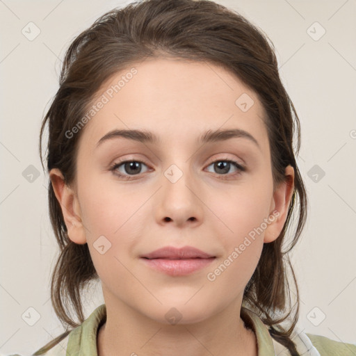 Neutral white young-adult female with medium  brown hair and grey eyes