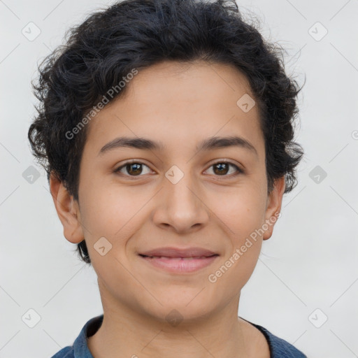 Joyful latino young-adult female with short  brown hair and brown eyes