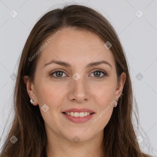 Joyful white young-adult female with long  brown hair and grey eyes