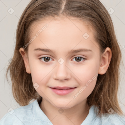 Joyful white child female with medium  brown hair and brown eyes