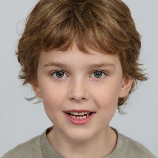 Joyful white child female with medium  brown hair and grey eyes