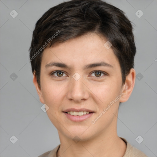 Joyful white young-adult female with short  brown hair and brown eyes