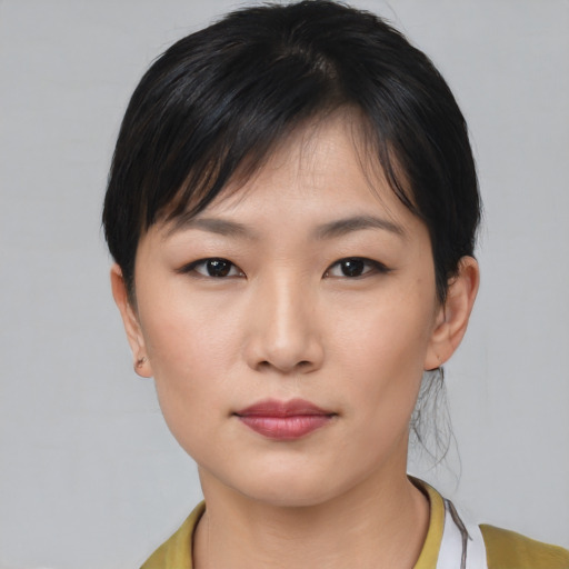 Neutral asian young-adult female with short  black hair and brown eyes