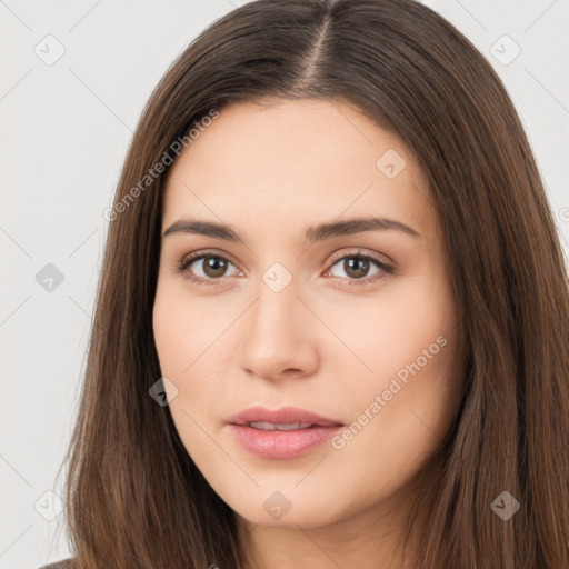 Neutral white young-adult female with long  brown hair and brown eyes