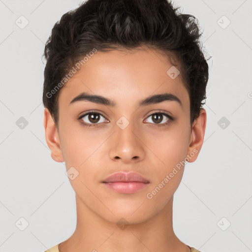 Neutral latino young-adult female with short  brown hair and brown eyes