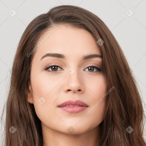 Neutral white young-adult female with long  brown hair and brown eyes