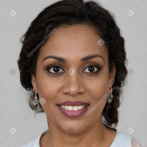 Joyful black young-adult female with medium  brown hair and brown eyes