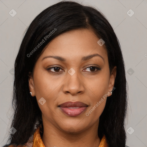 Joyful asian young-adult female with long  brown hair and brown eyes