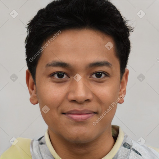 Joyful asian young-adult male with short  black hair and brown eyes