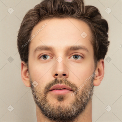 Neutral white young-adult male with short  brown hair and brown eyes