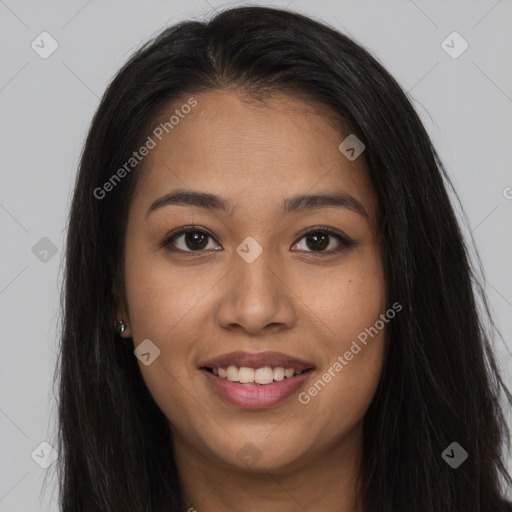 Joyful asian young-adult female with long  brown hair and brown eyes