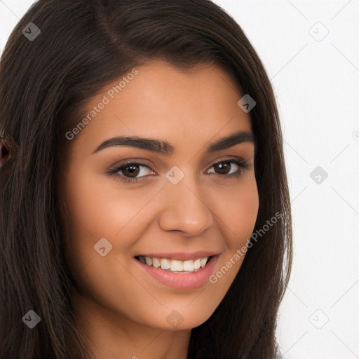 Joyful white young-adult female with long  brown hair and brown eyes