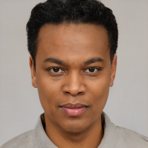 Joyful black young-adult male with short  black hair and brown eyes