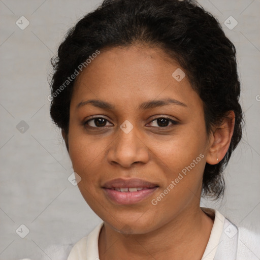 Joyful latino young-adult female with short  brown hair and brown eyes