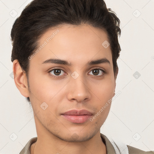 Neutral white young-adult male with short  brown hair and brown eyes