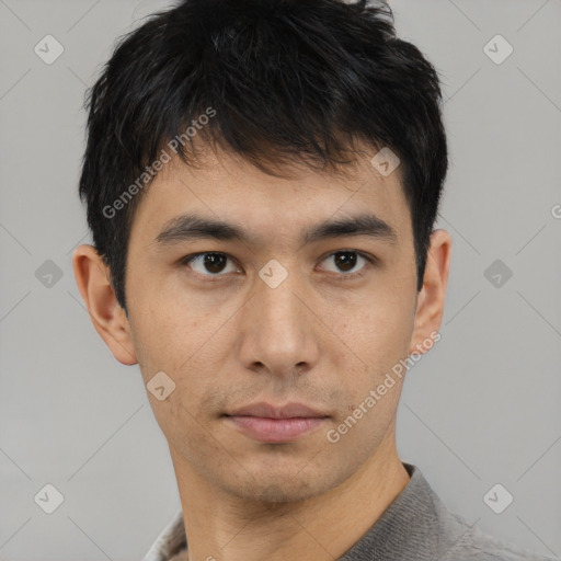 Neutral asian young-adult male with short  brown hair and brown eyes